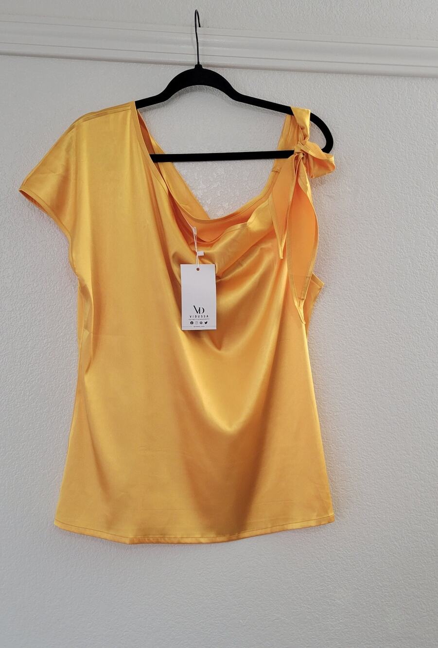 Vidussa Womens L Yellow Satin Top NWT Asymmetrical One Shoulder Cowl Neck Bow